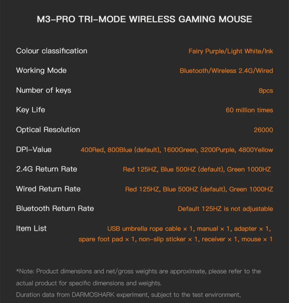 Herná myš Darmoshark M3Pro 2.4G BT bezdrôtová s trojitým režimom, snímačom PAW3395, N52840, 26000DPI, pre veľkú ruku, makro ovládač, myš na hranie