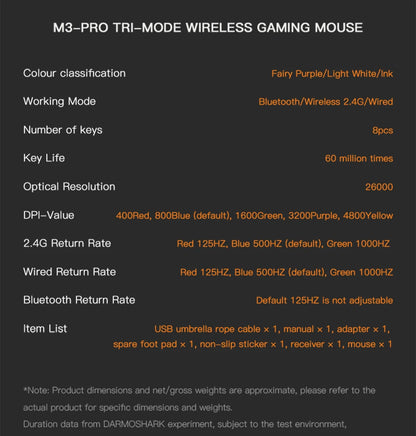 Herná myš Darmoshark M3Pro 2.4G BT bezdrôtová s trojitým režimom, snímačom PAW3395, N52840, 26000DPI, pre veľkú ruku, makro ovládač, myš na hranie