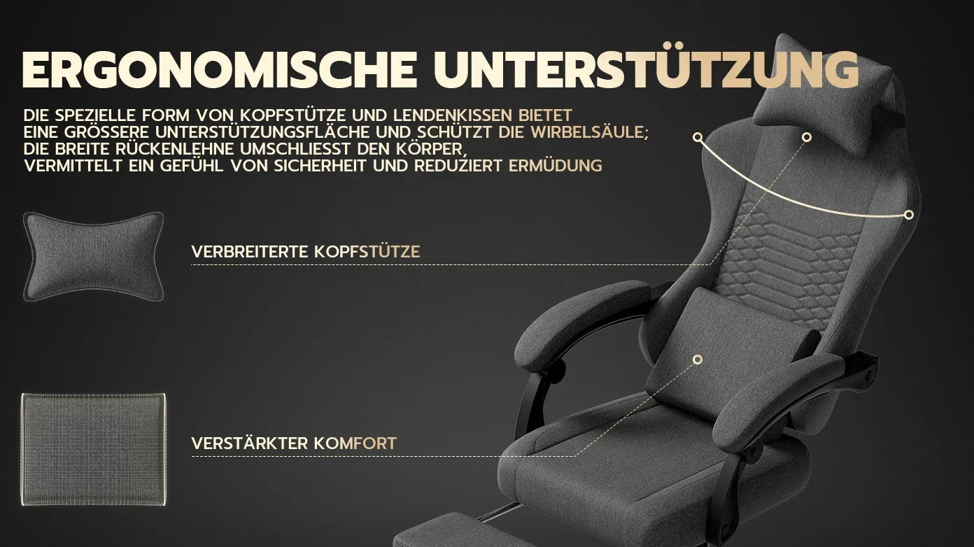 Dark Gray Fabric Gaming Chair, Massage Office Chair with Headrest, Ergonomic Racing Design, Adjustable Footrest, for PC Gamers