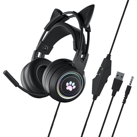 Casque de jeu oreilles de chat rose mignon pour filles enfants-éclairage suppression du bruit micro son Surround prise Jack 3.5mm pour PS4 PS5 PC Switch