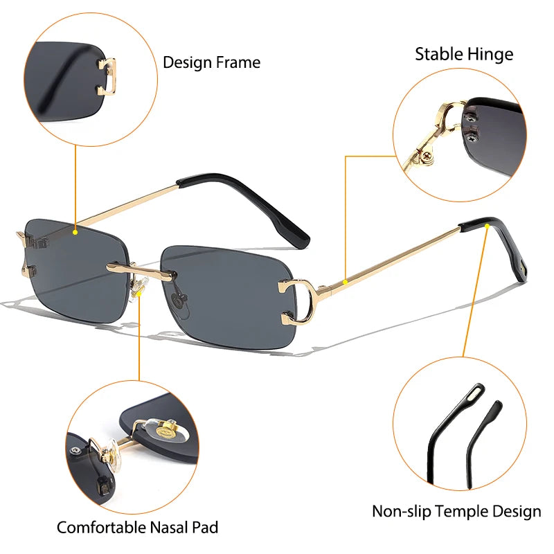 CATERSIDE Ochelari de soare dreptunghiulari albaștri pentru bărbați, ochelari de soare pătrați fără ramă din metal, la modă, pentru femei, cu lentile degradate, ochelari de exterior, UV400