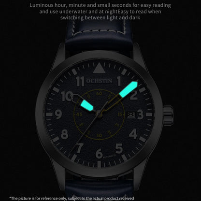 OCHSTIN Mens Fashion Luxury Mechanical Automatic Skeleton Watch Transparent Back Cover Creative Design With Yellow Calendar Dial