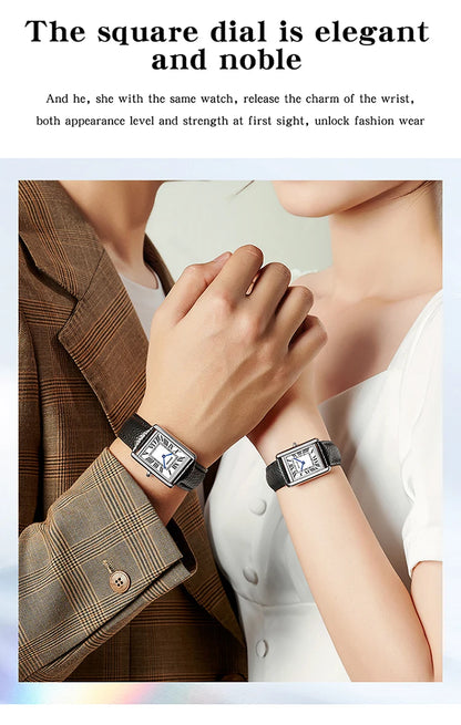 SANDA New Couple Tank Watches Wear Resistant Leather Strap Luxury Square Dial Waterproof Sports Casual Men Women Quartz Watches