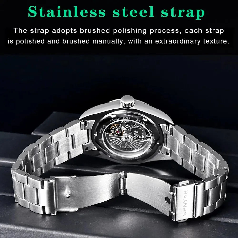 BENYAR 39mm Automatic Mechanical Watch Seagull Movt Men Stainless Steel 100M Waterproof Clock BWG-9 Luminous Reloj Hombre