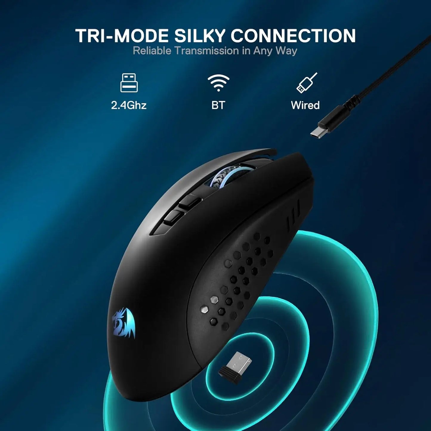 Redragon M656 MAX 3-Mode Wireless Gaming Mouse 10000 DPI Rechargeable Gaming Mice 5 DPI Levels, 7 Macro Buttons, RGB Backlight