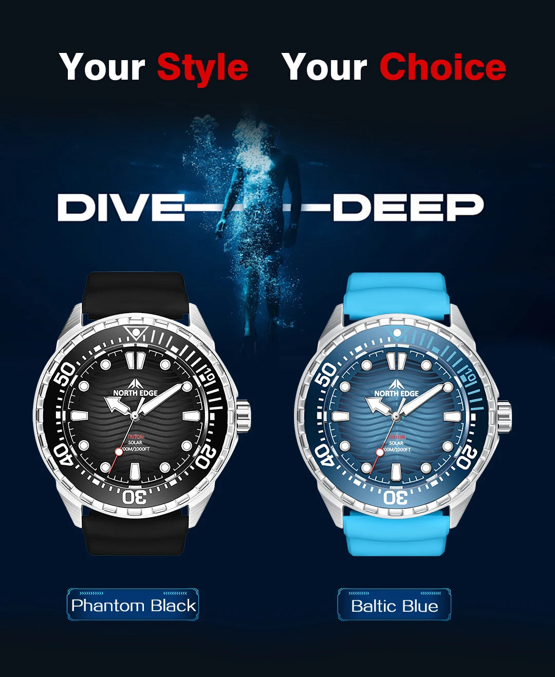 NORTH EDGE New TRITON Solar Powered Diving Watch for Man Luxury Quartz Wristwatches 316L Stainless Steel Case Waterproof 300M