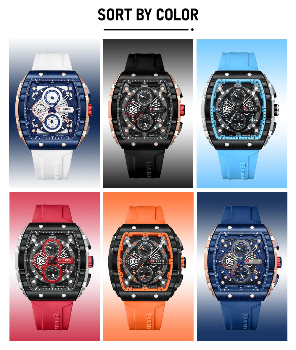 CURREN Tonneau Dial Sport Watch for Men Fashion Waterproof Quartz Wristwatch with Auto Date Yellow Silicone Strap Luminous