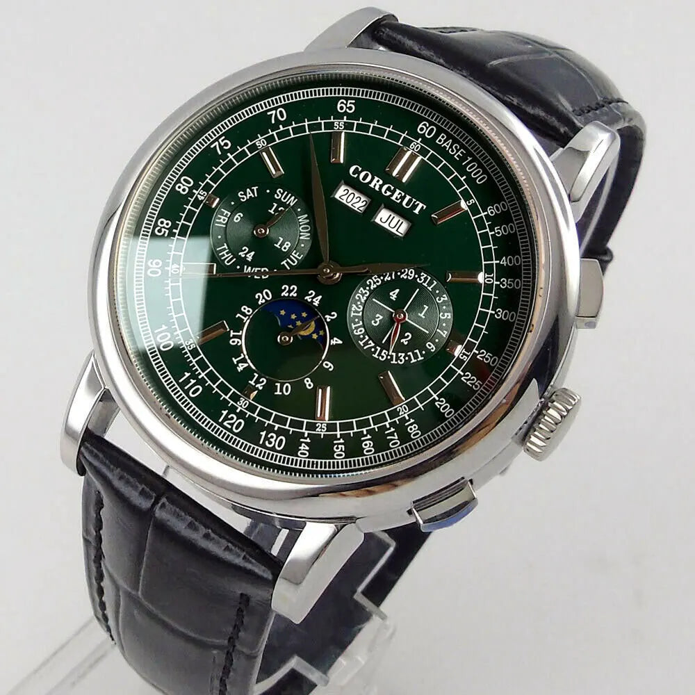 Corgeut Multi Functional Watch Automatic Mechanical Watch for Men 42mm Day Date Month Year Day/Night ST1655 Movt Polished Case