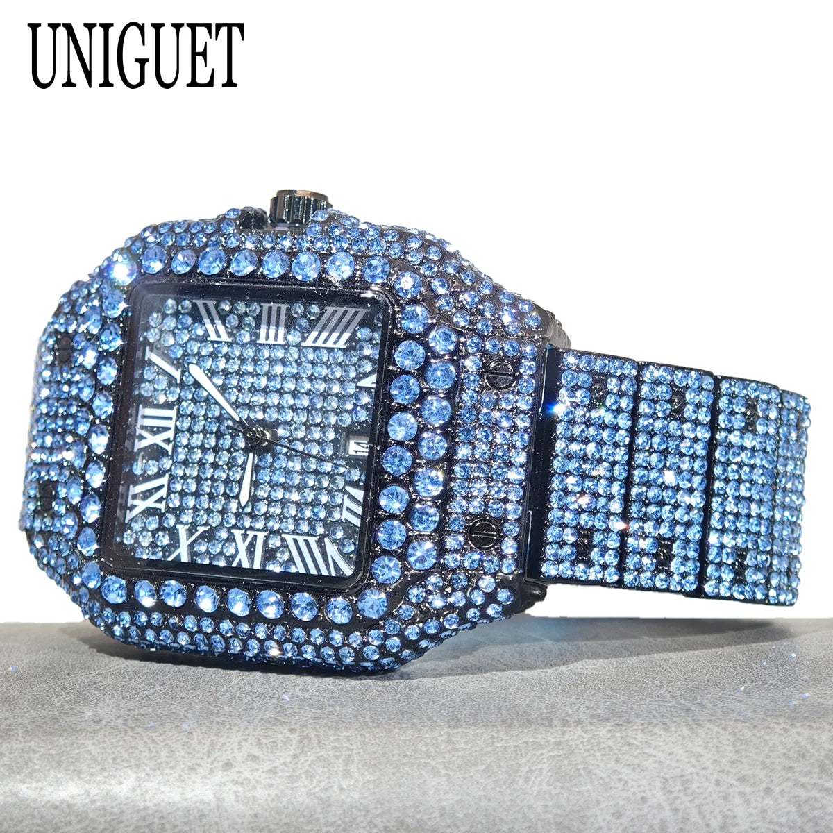 Green Diamond Watch For Men Brand UNIGUET Fashion Roman Literal Quartz Clock Man Hip Hop Iced Jewelry Square Wristwatch 2025 New
