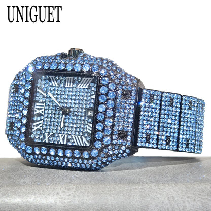 Green Diamond Watch For Men Brand UNIGUET Fashion Roman Literal Quartz Clock Man Hip Hop Iced Jewelry Square Wristwatch 2025 New