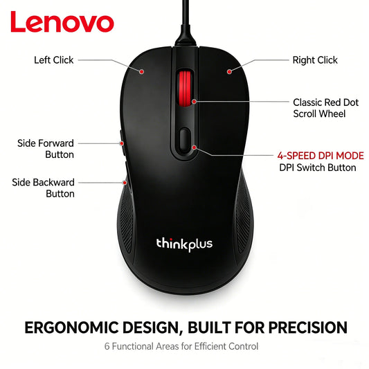 Original Lenovo M10Pro Wired USB Gaming Mouse, 3600 DPI Optical Computer Mouse, 6-Button Ergonomic Wired Mouse for Gaming, Office & Laptop