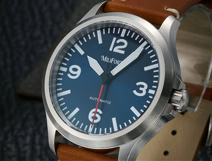 Milifortic Military Watch 39mm NH38 Automatic Mechanical Movement Retro Sapphire Crystal BGW9 Lume Leather Strap 10Bar Watch Men