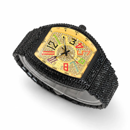 Men's Luxury Barrel-Shaped Quartz Watch With Black Iced Diamond Rainbow Number Dial Luminous Hands Watches For Man Dropshipping