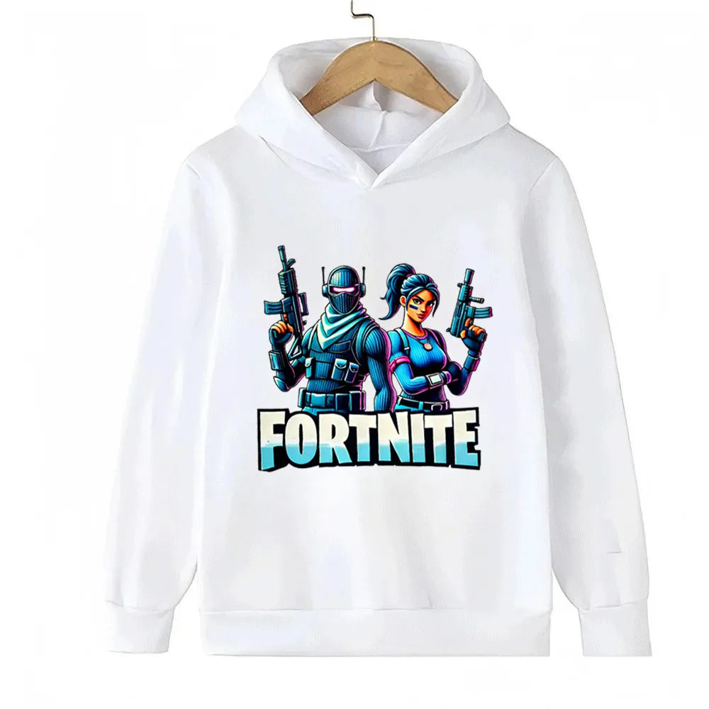 Sweats com capuz para criança com estampado do jogo Fortnite, conjunto cartoon confortável, tops largos de manga comprida, roupa de outono e inverno