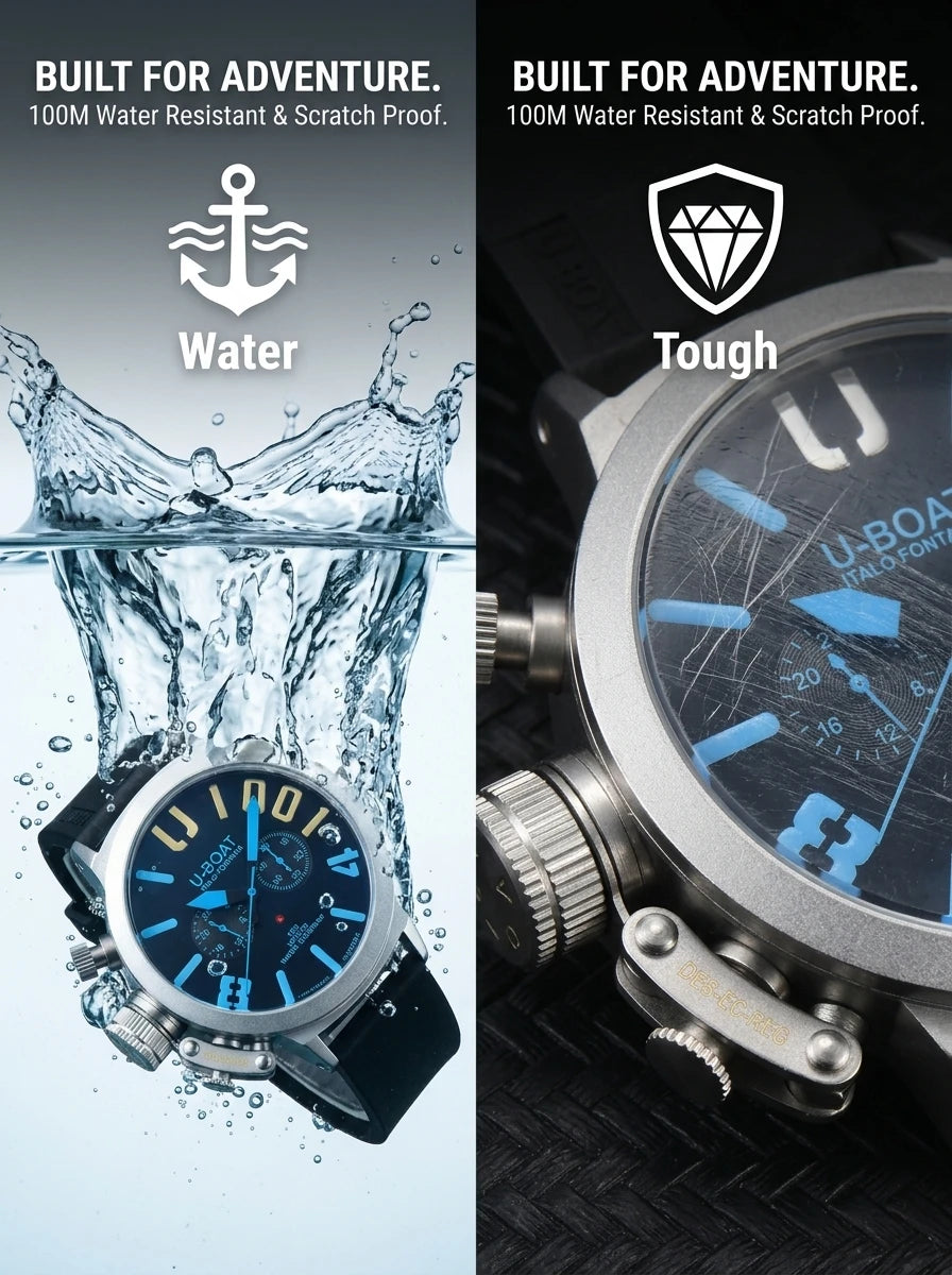U-Boat Classico 1001 Style Men's Watch Big Dial Stainless Steel Case Rubber Band Luminous Waterproof 1001M Sports Wristwatch