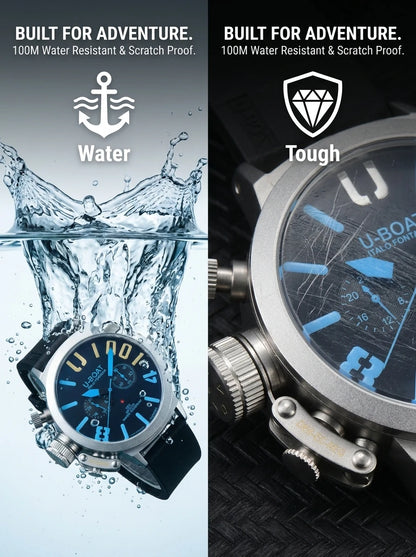 U-Boat Classico 1001 Style Men's Watch Big Dial Stainless Steel Case Rubber Band Luminous Waterproof 1001M Sports Wristwatch