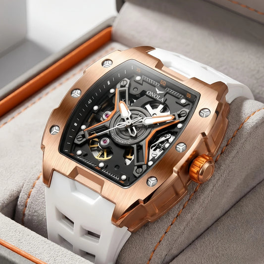 ONOLA Men's Rose Gold Automatic Mechanical Watch Silicone Strap Waterproof Luminous Hollow Dial Watch