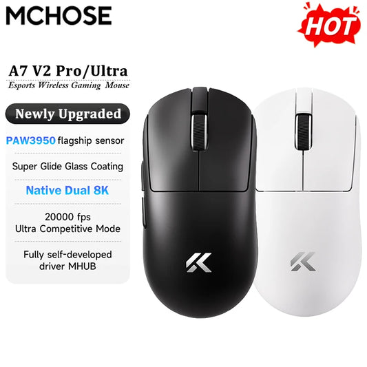 MCHOSE A7 V2 Ultra / Pro ľahká bezdrôtová herná myš s duálnou frekvenciou 8000Hz, PAW3950 TI, 42000DPI, pre PC a e-športových hráčov
