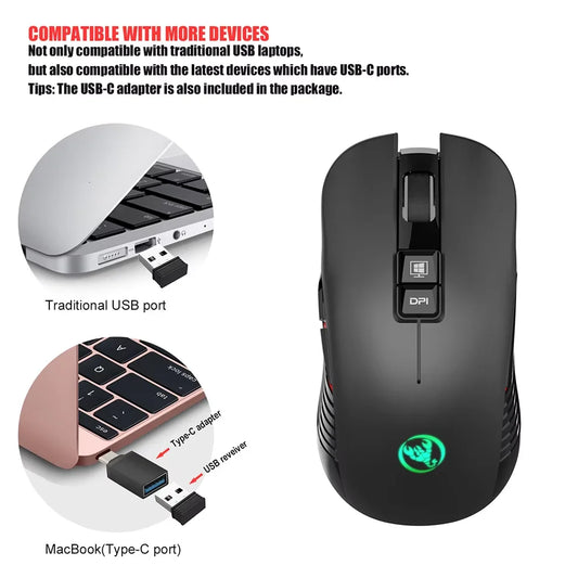 Безжична USB мишка с презареждане, за дясна ръка, с Type-C за лаптоп и компютър, тих клик, подсветка, гейминг мишка 3600cpi
