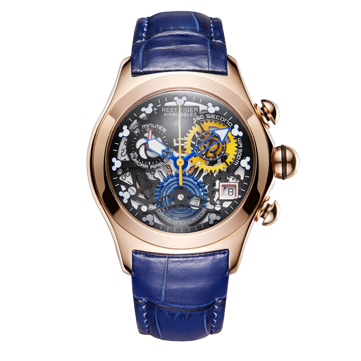 Reef Tiger New Designer Top Brand Luxury Fashion Watches for Women Steel Skeleton Watches Blue Strap Sport Watches RGA7181