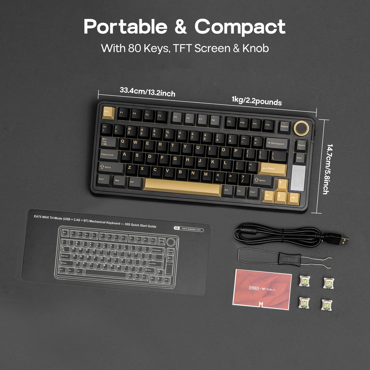 EPOMAKER X AULA EA75 MAX 75% ANSI US Layout Hot-Swap Gasket Wired/BT/2.4GHz Wireless Mechanical Keyboard with Screen & Knob