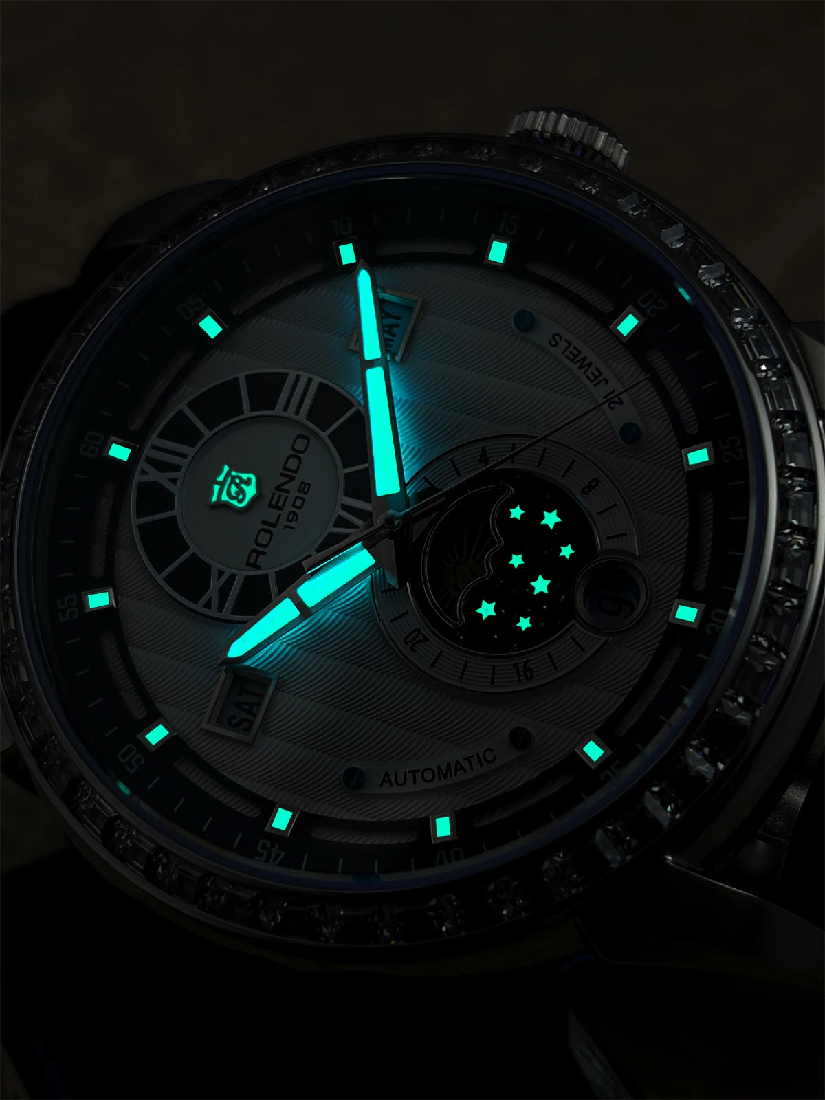 ROLENDO 1908 Men Automatic Mechanical Watch Diamond Luminous Leather Strap Waterproof Business Luxury Wristwatch For Male Gift
