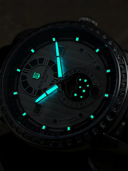 ROLENDO 1908 Men Automatic Mechanical Watch Diamond Luminous Leather Strap Waterproof Business Luxury Wristwatch For Male Gift