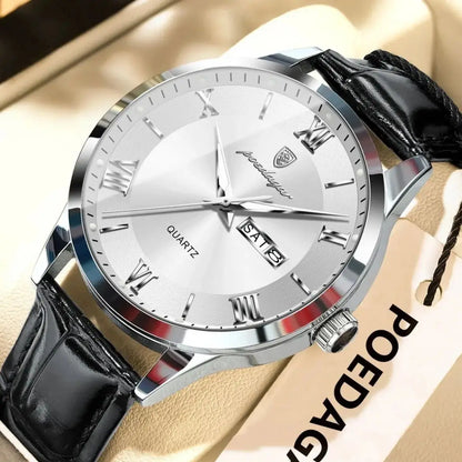 Trendige Herrenuhr von POEDAGAR, Lederarmband, Datums- und Wochentagsanzeige, luxuriöse Quarzuhr, wasserdicht, leuchtend, lässiger Business-Stil.