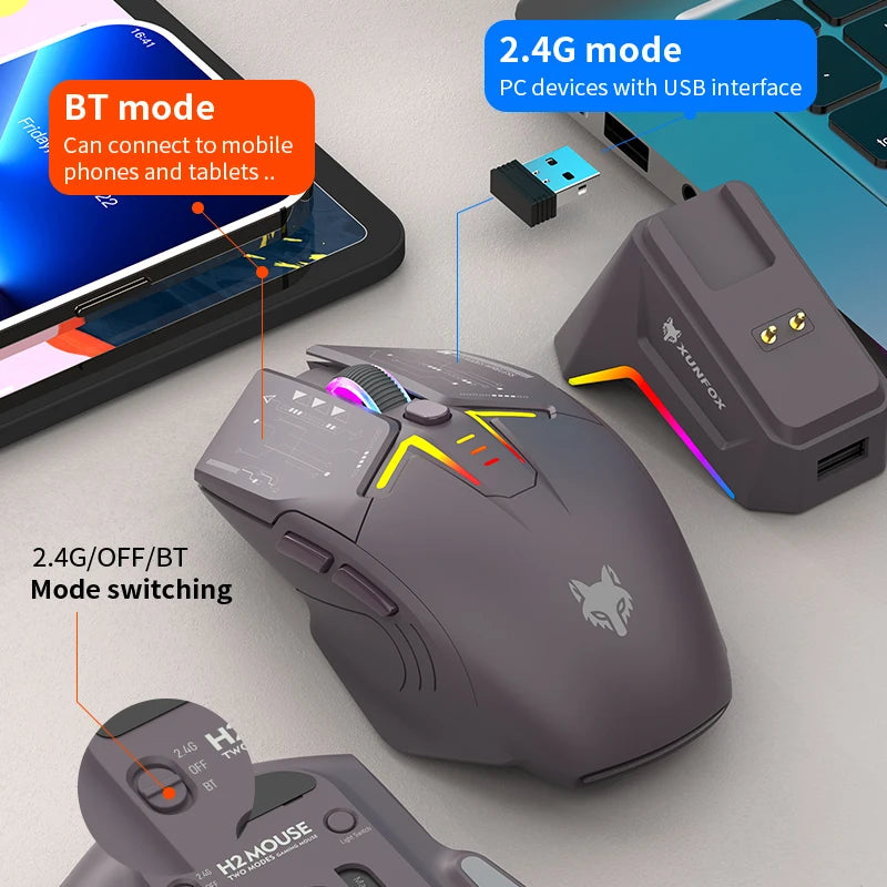 XUNSVFOX H2 Wireless Bluetooth Dual-Mode Mouse with RGB Lighting Effect for Laptop Gaming and Office, Magnetic Charging