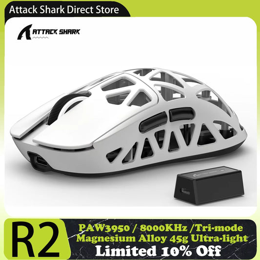Herná myš ATTACK SHARK R2 z horčíkovej zliatiny, PAW3950, tri režimy pripojenia, 8000hz, 42000 DPI, ultranízka hmotnosť 45g, mikrospínače s výdržou 100M kliknutí