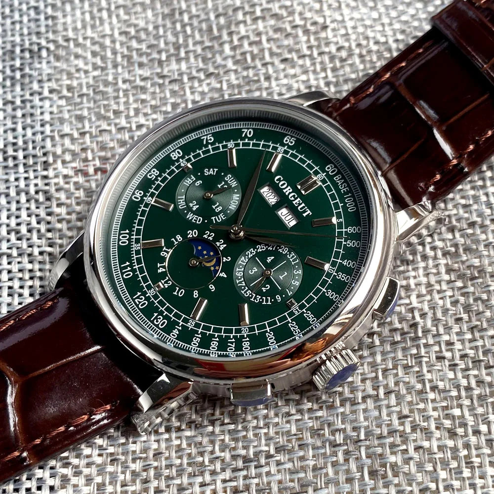 Corgeut Multi Functional Watch Automatic Mechanical Watch for Men 42mm Day Date Month Year Day/Night ST1655 Movt Polished Case