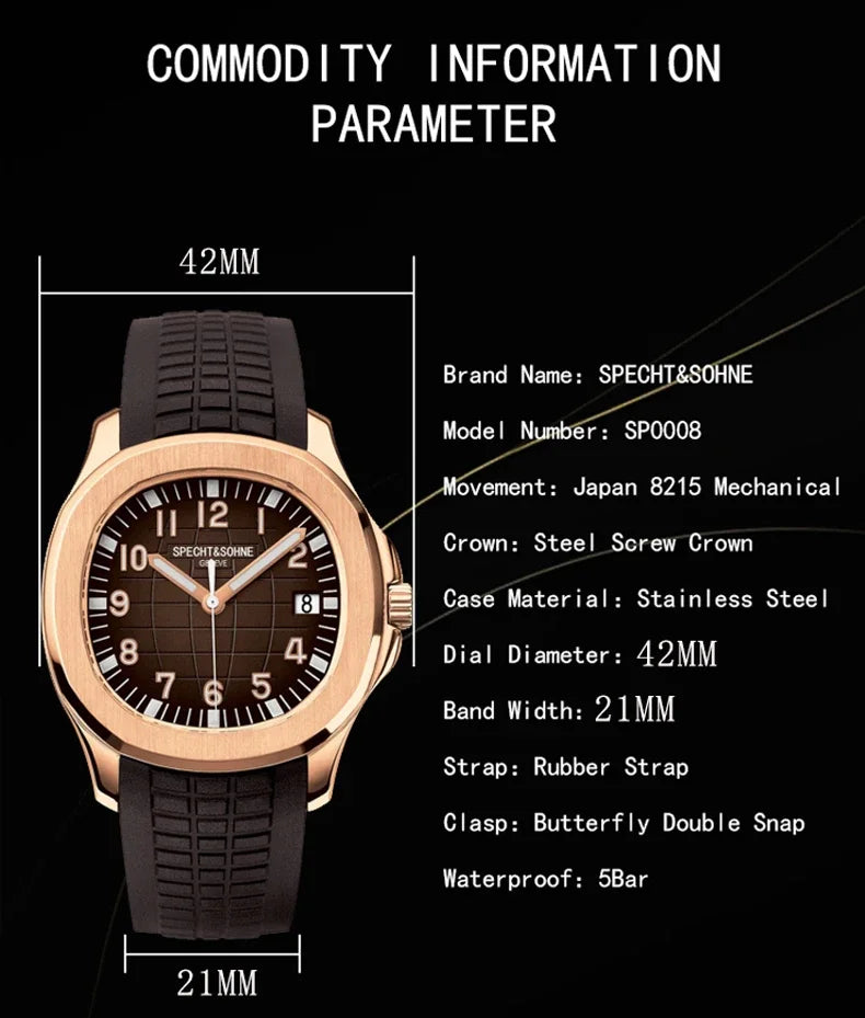 Specht&Sohne 40MM Men's Watches Mechanical Watch Japan Miyota 8215 Movt Rose Gold Stainless Steel Classic 5167 Watch Waterproof