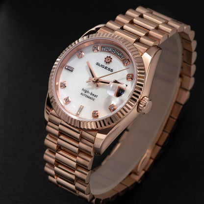Sugess Watch of Men 36mm Date Automatic Retro Mechanical Wristwatches Sapphire Crystal RoseGold Dandong SL3034 Movement Day New