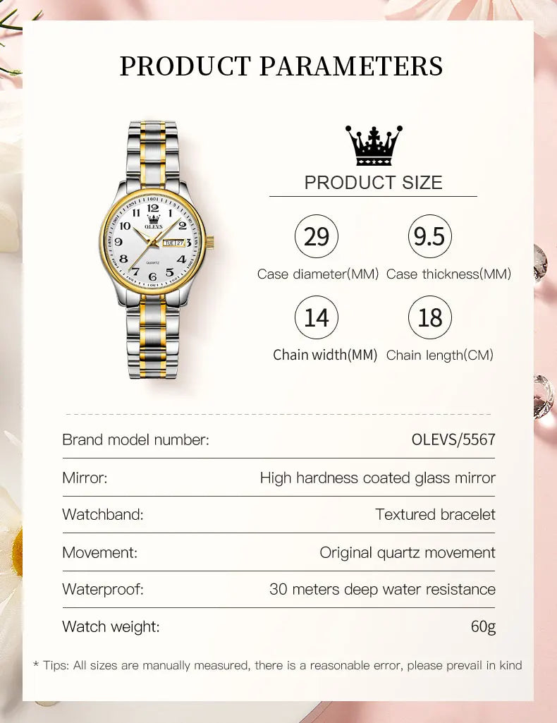 OLEVS Quartz Watch Women Fashion Ladies Watches Wrist Waterproof Luminous Stainless Steel Gold Women Watches Luxury Elegant