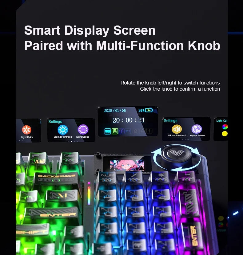 AULA F98Pro V3 Mechanical Keyboard W/ Rotate Button RGB Backlight Screen Tri-Modes Game E-sports Special Carved 95 Keycaps