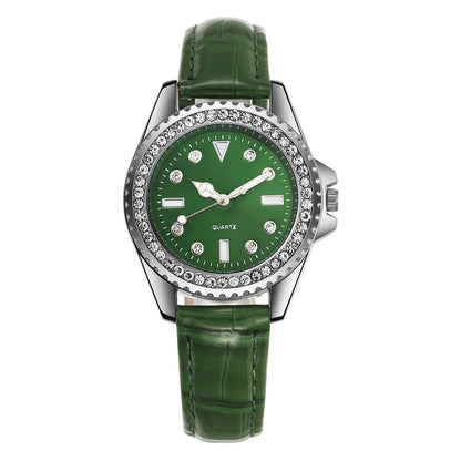 Ladies Luxury Diamond Branded Quartz Watch Fashion 2025 New Simple Green Leather Women's Dress Clock Watch DDP