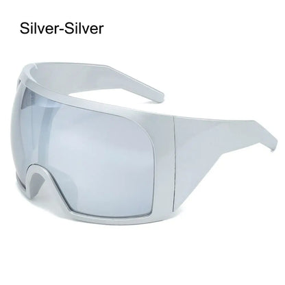 Ochelari de soare futuristici cu ramă învelitoare, lentile curbate Rave, protecție UV400, ochelari de soare supradimensionați Y2K pentru femei și bărbați