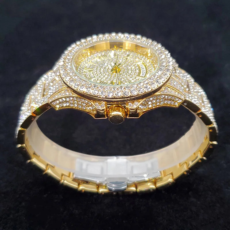 Luxury Diamond Watch for Men Fashion Bling Iced Out Day Date Watches Hip Hop Golden Stainless Steel Quartz Man Clock Hot Sale