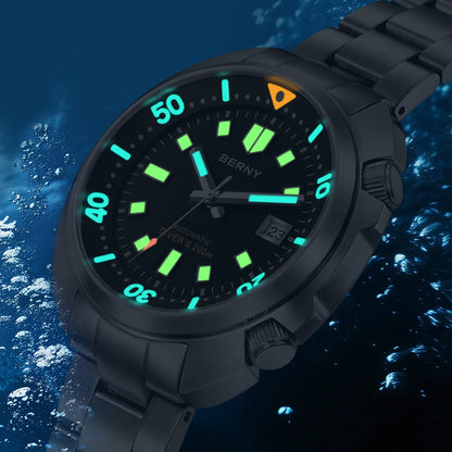 BERNY Automatic Dual Crown Diver Watch For Men Super Luminous Miyota 8215 Sapphire Swim Sport 20ATM Mechanical Men's Dive Watch