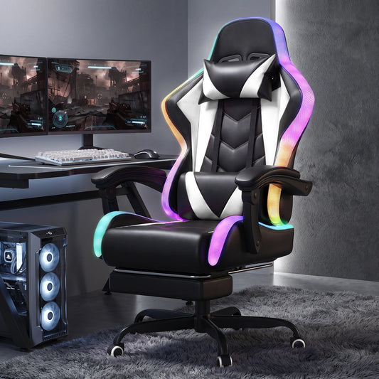 Chaise de jeu RGB Homall, chaise de bureau ergonomique avec massage, éclairage LED, dossier inclinable, repose-pieds, cuir PU, chaise d'ordinateur à dossier haut