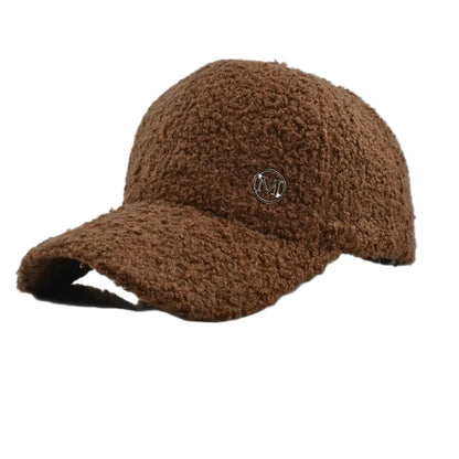 Winter Solid Color M-Label Lamb Wool Baseball Cap for Women, Outdoor Warm Casual Fashion Versatile Plush Duckbill Cap