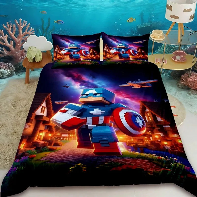 Cartoon Children Duvet Cover Minecraft Cartoon Quilt Cover Bedding Set Queen King Full Size with 1/2 Pillowcase Bedroom