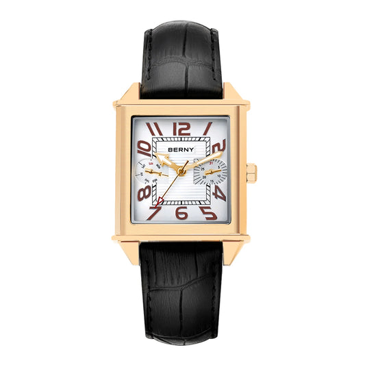 BERNY 6P25 Quartz Watch for Men Golden New Square Wristwatch Vintage Day Top Leather 3ATM Waterproof Luxury Watch Male