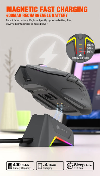 XUNSVFOX H2 Wireless Bluetooth Dual-Mode Mouse with RGB Lighting Effect for Laptop Gaming and Office, Magnetic Charging