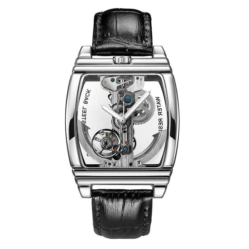 SHENHUA Mens Watches Top Brand Luxury Automatic Mechanical Transparent Skeleton Bridge Watch Leather Belt Wristwatch Male Clock