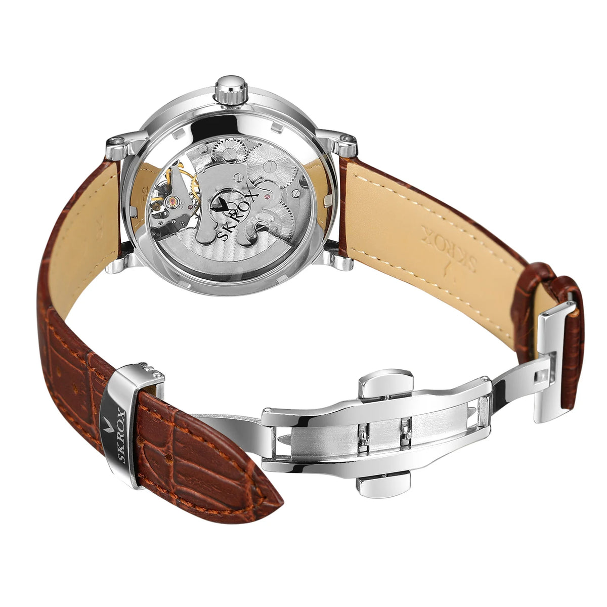 Relógio de pulso mecânico automático SKROX para homem, modelo esqueleto com função GMT, fase lunar e turbilhão – Relógio de luxo de alta gama, elegante e original.
