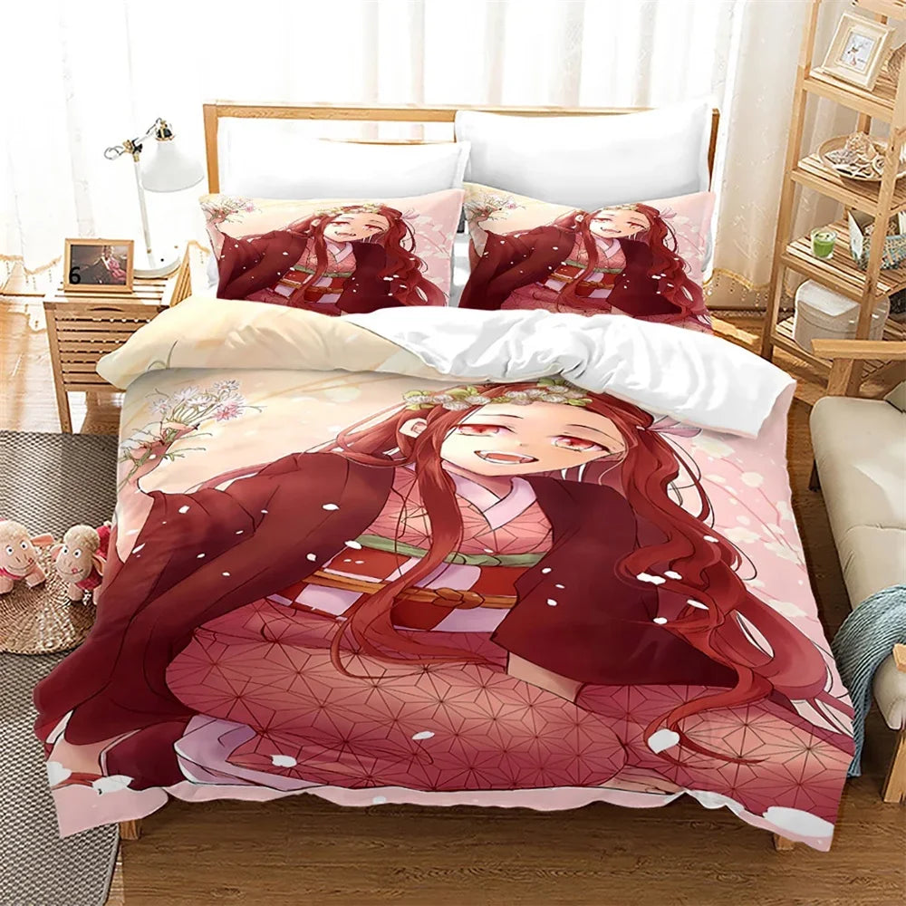 Nezuko Kamado Bedding Set Anime Demon Slayer Duvet Cover Comforter Bed Linen Single Twin Full Queen Size 3D Kids Girls Boys Gift
