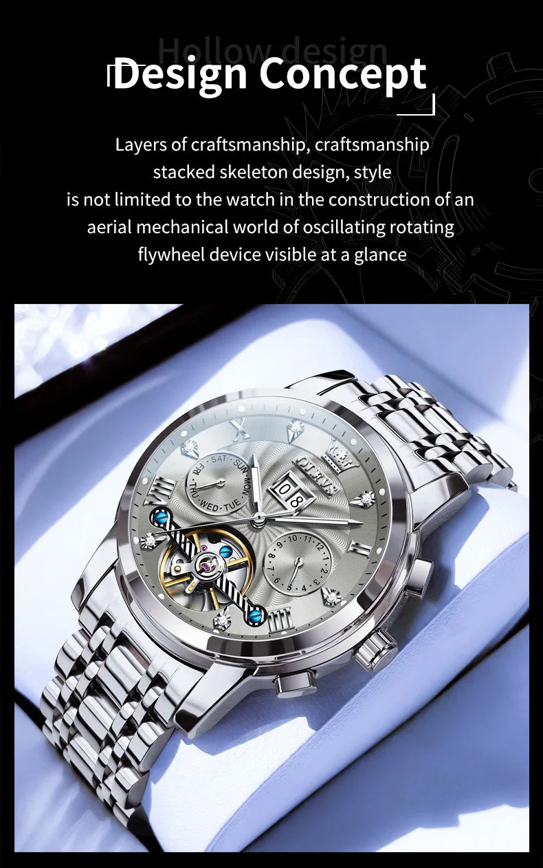 OLEVS Men's Watches 9910 Luxury Fashion Original Automatic Mechanical Watch for Man Waterproof Luminous Hollowed Out Movement