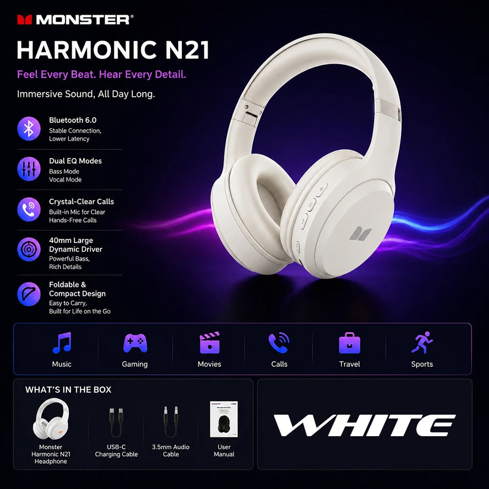 Casque Bluetooth 6.0 Monster Harmonic N21, mode double égaliseur, son stéréo immersif, casque supra-auriculaire pliable filaire/sans fil