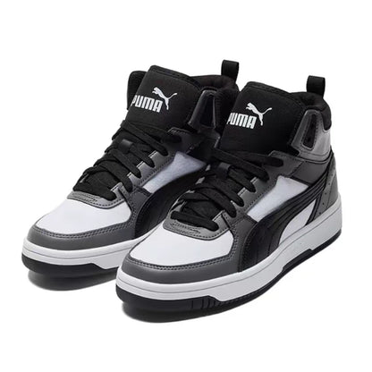 Baskets basses décontractées Puma Rebound Joy, offrant un maintien optimal, une coupe ajustée, une grande durabilité, un confort et un amorti (unisexe), en gris et noir, modèle 387875-01.